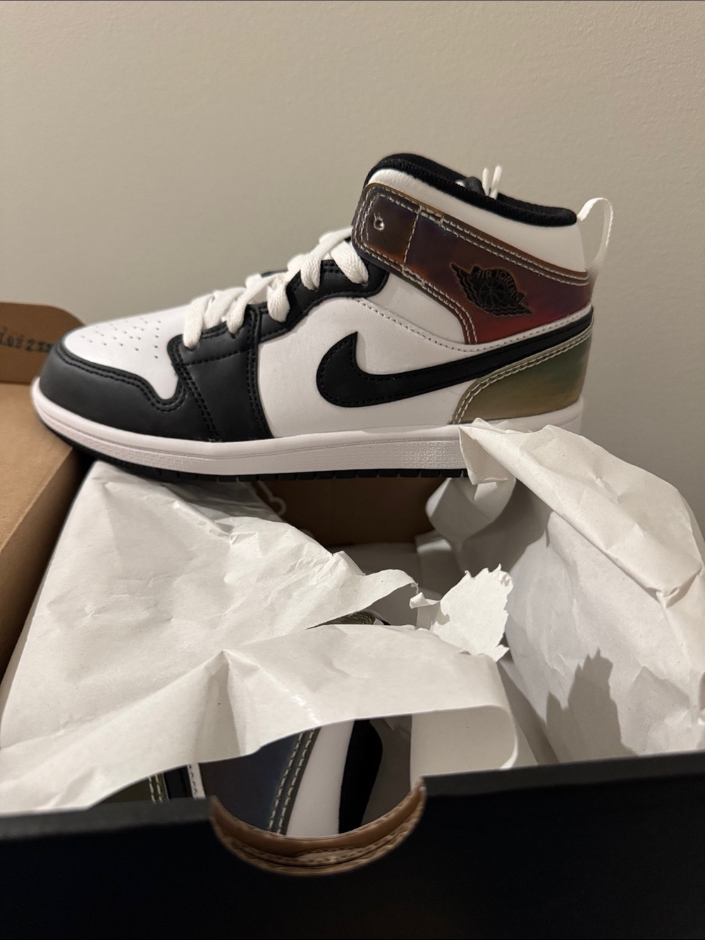 Nike Air Jordan 1 Mid - White/Black with Iridescent Collar